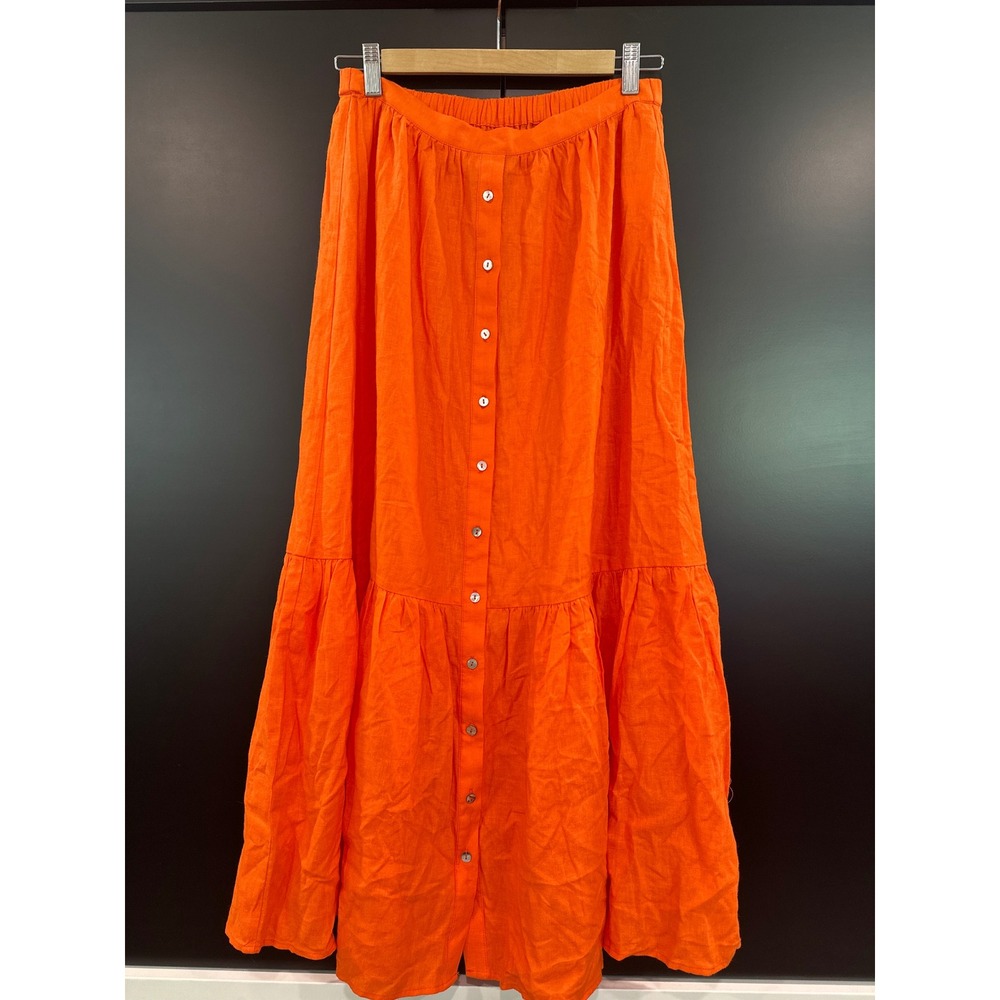 Saltwater LUXE Orange Tiered Button Front Linen Blend Maxi Skirt Small